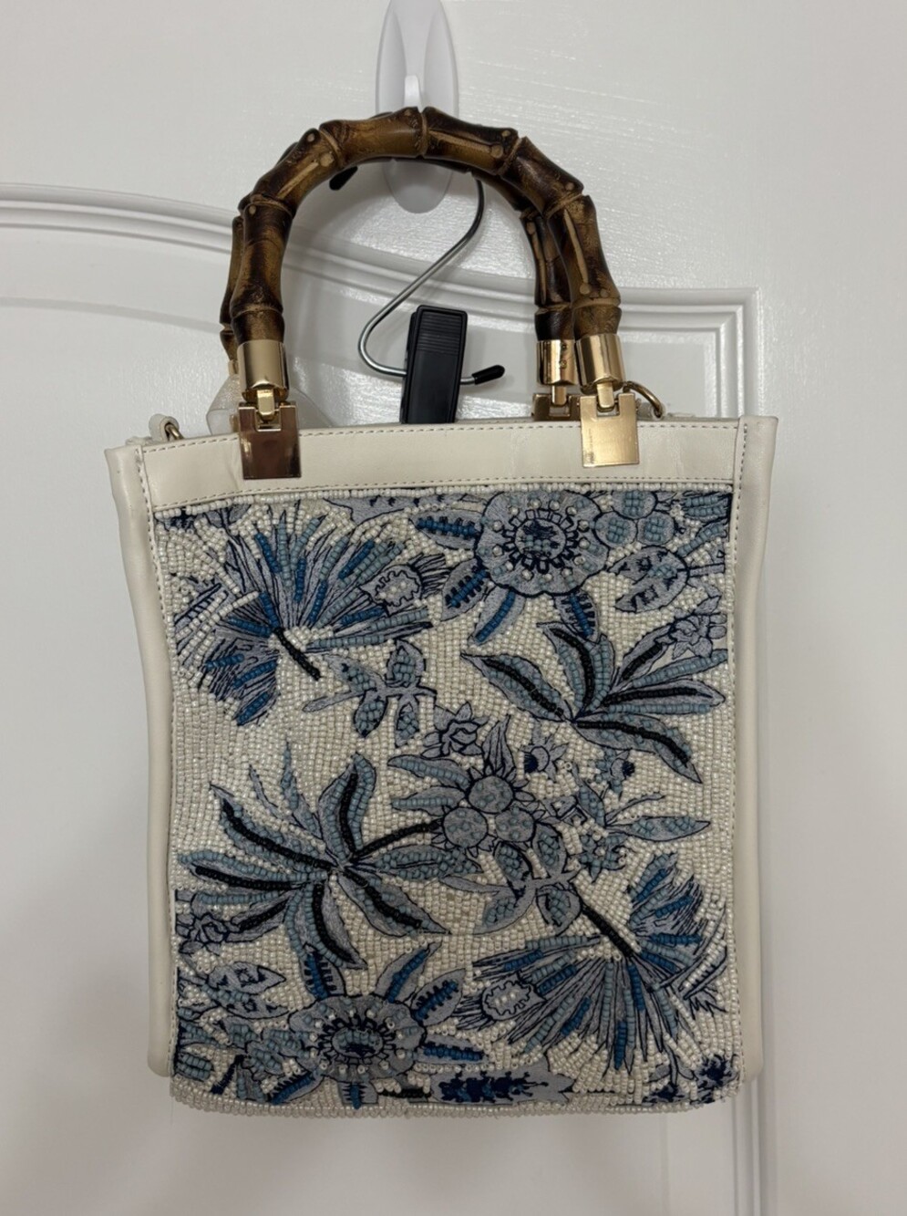 Viral Beaded Tote Bag from India – Bamboo Handles – Blue White TikTok